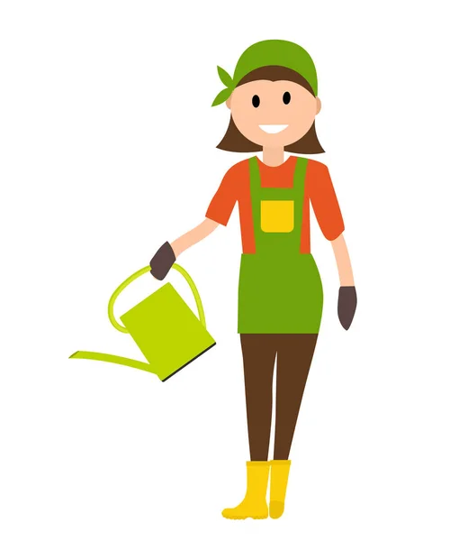 Farmer Gardener Woman with With Watering Can in Modern Flat Styl — Stock Vector