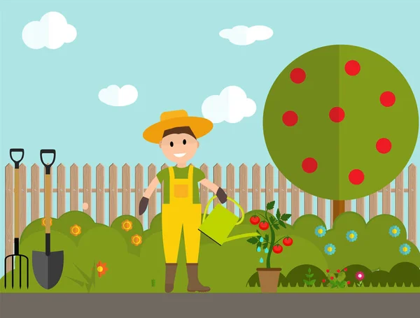 Agricoltore giardiniere uomo con annaffiatoio e pianta di pomodoro in moderno — Vettoriale Stock