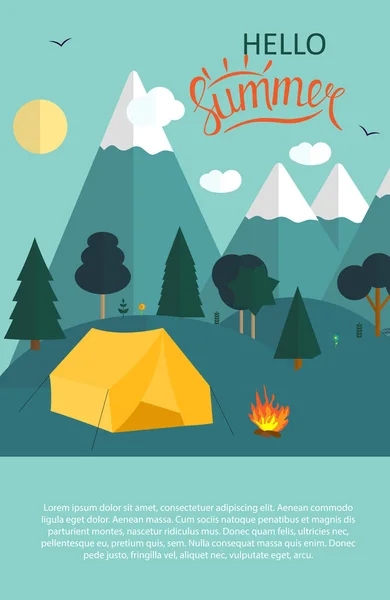 Fundo de natureza de acampamento de verão em estilo plano moderno com Sampl — Vetor de Stock