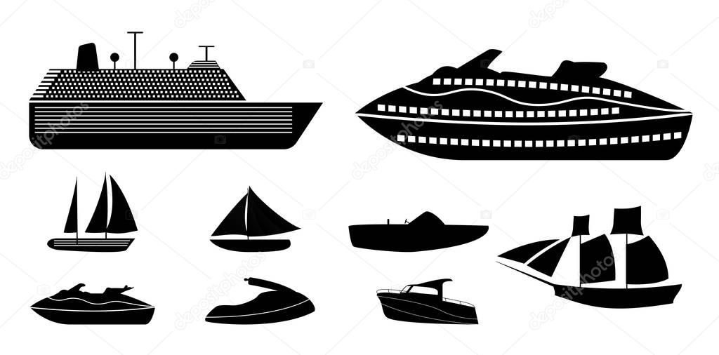 Set of different types of boats for recreation and fishing on ri