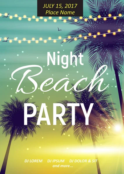 Nyári éjszaka Beach Party poszter. Trópusi természetes háttér wi — Stock Vector