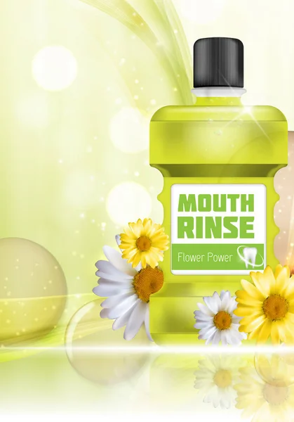 Bouche Rincer Design Cosmétiques Produit Bouteille avec Fleurs Chamomi — Image vectorielle