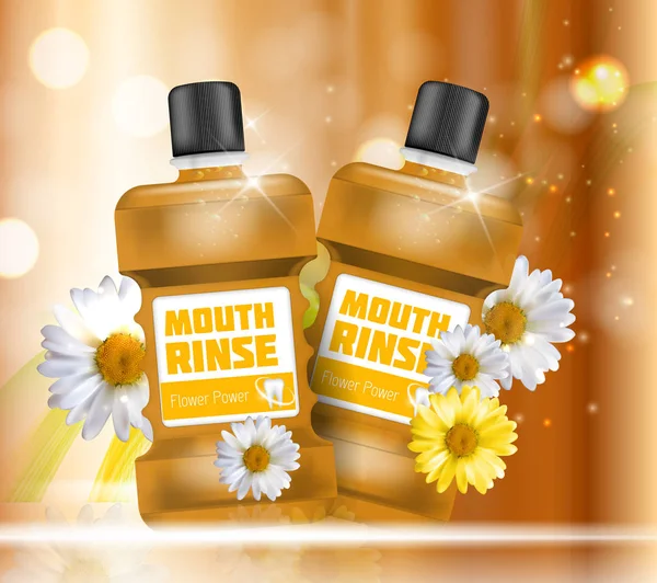 Bouche Rincer Design Cosmétiques Produit Bouteille avec Fleurs Chamomi — Image vectorielle