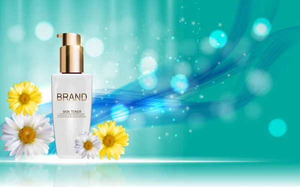 Design Kosmetik Haut Toner Produkt Flasche mit Blüten Kamille — Stockvektor