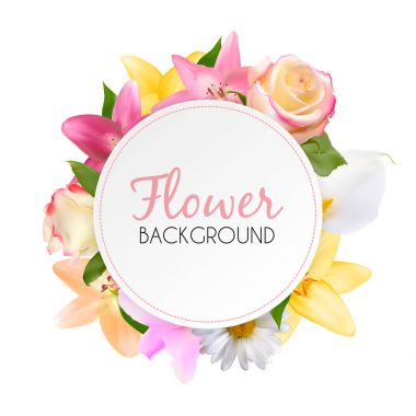 Lily, gül ve diğer çiçekleri ile soyut çerçeve. Doğal Backgr