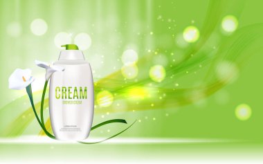 Duş jeli şişe şablon reklamları veya dergi arka plan için. 3D re