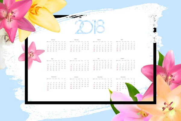 Календар 2018 року. Тиждень починається з неділі. Векторна ілюстрація — стоковий вектор