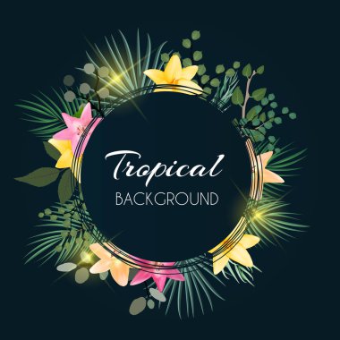 Doğal tropikal çerçeve koyu arka plan Palm ve diğer yaprakları ve Lily çiçekler. Vektör çizim