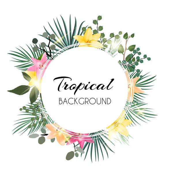 Abstract Natural Tropical Frame Background com palma e outras folhas e flores de lírio. Ilustração vetorial — Vetor de Stock