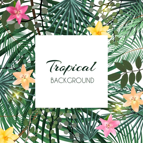 Fondo de marco tropical natural abstracto con palma y otras hojas y flores de lirio. Ilustración vectorial — Vector de stock