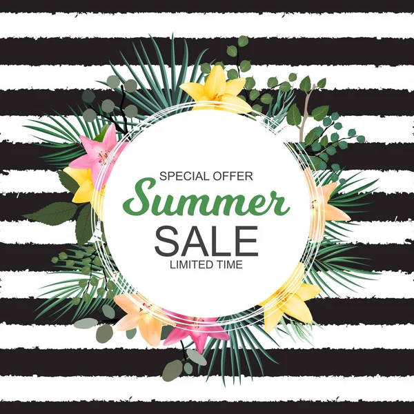 Banner de venta de verano con palma y otras hojas y flores de lirio . — Vector de stock