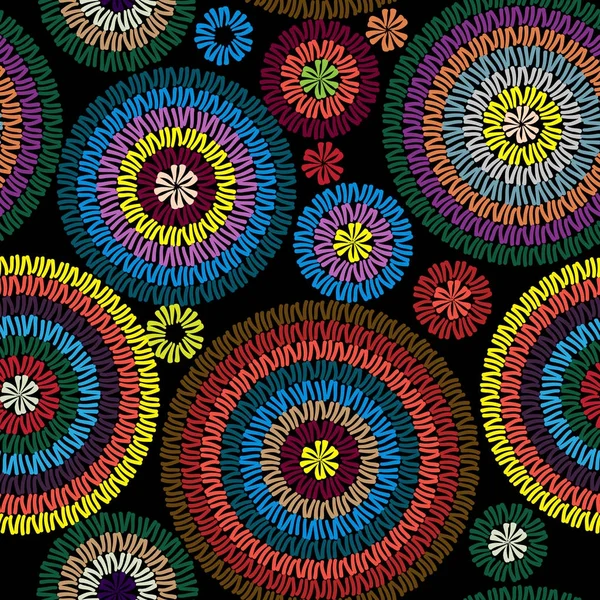 Adorno de patrón sin costura bordado con círculos de colores sobre un fondo negro. Ilustración vectorial — Vector de stock
