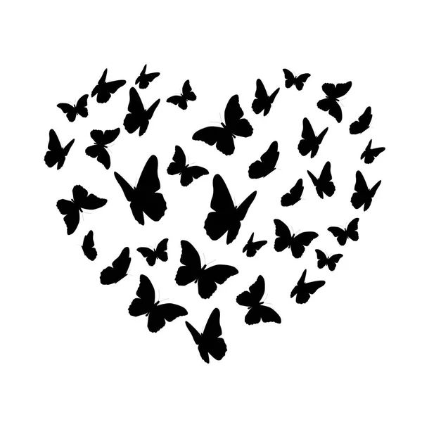 Beautifil farfalla cuore silhouette isolato su sfondo bianco — Vettoriale Stock
