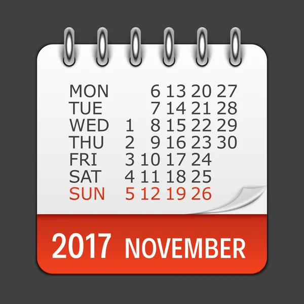 Calendario novembre 2017 Icona giornaliera. Emblema dell'illustrazione vettoriale. E. — Vettoriale Stock