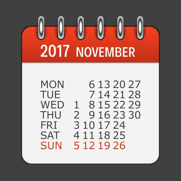 Calendario novembre 2017 Icona giornaliera. Emblema dell'illustrazione vettoriale. E. — Vettoriale Stock