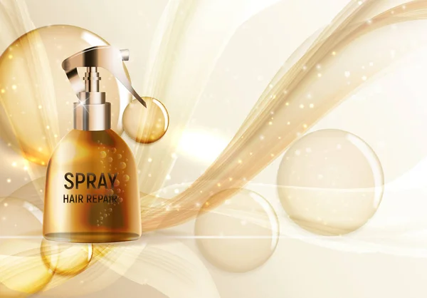 Design Hair Repair Spray Cosmetics Modèle de produit pour annonces ou fond de magazine. Illustration vectorielle réaliste 3D — Image vectorielle