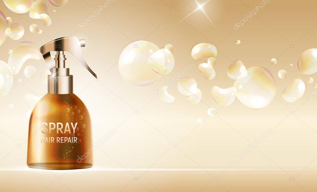 Design Hair Repair Spray Cosmetics Product  Template for Ads or Magazine Background. 3D Realistic Vector Iillustration