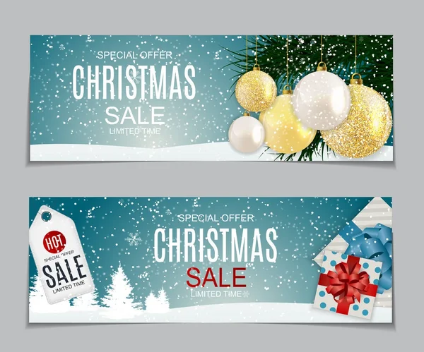 Abstract Vector Illustration Christmas Sale, Special Offer Background with Gift Box and Golden Ball. Winter Hot Discount Card Template — Stock Vector