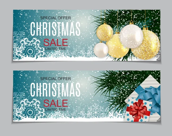 Abstract Vector Illustration Christmas Sale, Special Offer Background with Gift Box and Golden Ball. Winter Hot Discount Card Template — Stock Vector