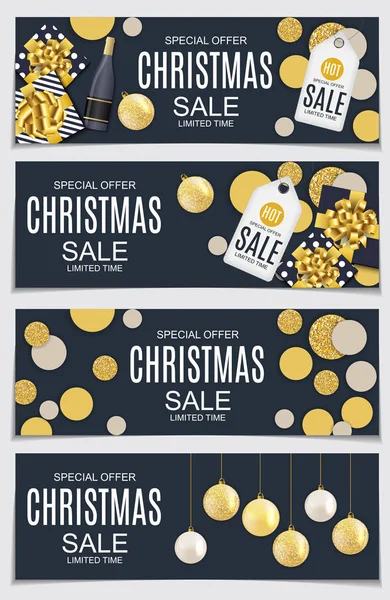 抽象的なベクトル イラスト クリスマス セール、特別オファーの背景にギフト ボックス、ゴールデン ボール。冬ホット割引カード テンプレート — ストックベクタ