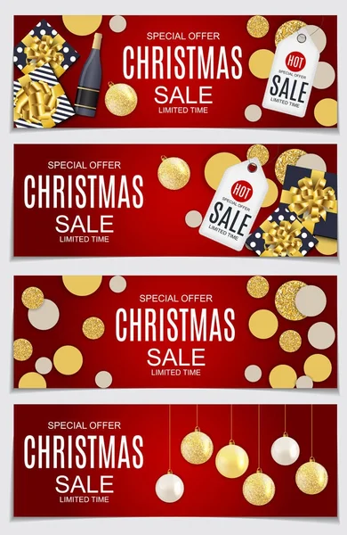 Illustration vectorielle abstraite Vente de Noël, fond de l'offre spéciale avec boîte cadeau et boule d'or. Emblème de carte de réduction chaude d'hiver — Image vectorielle