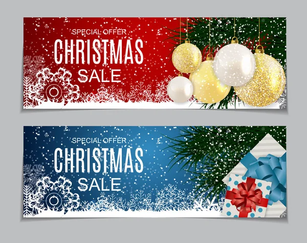 Illustration vectorielle abstraite Vente de Noël, fond de l'offre spéciale avec boîte cadeau et boule d'or. Emblème de carte de réduction chaude d'hiver — Image vectorielle