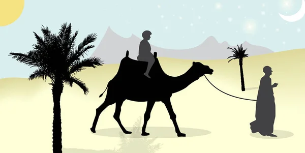 Силуэт караванов и верблюдов, блуждающих по пустыне с пальмами днем и ночью. Векторная миграция . — стоковый вектор