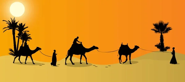 Silhouette de Caravane mit les gens et les chameaux errant dans les déserts avec des paumes de nuit et de jour. Illustration vectorielle . — Image vectorielle