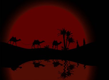 Yansıma siluet karavan mit insanlar suda ve avuç içi ile çöller boyunca gece gündüz, göçebe deve. Vektör çizim.