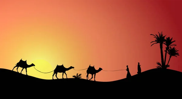 Silhouet van Caravan mit mensen en kamelen dwalen door de woestijnen met palmen bij dag en nacht. Vectorillustratie. — Stockvector