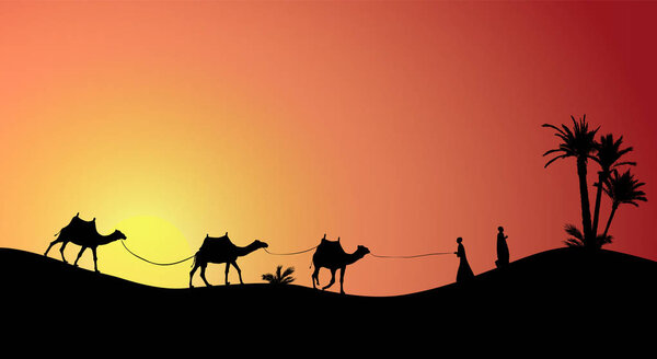 Silhouette of Caravan mit people and camels wandering through the deserts with palms at night and day. Vector Illustration.