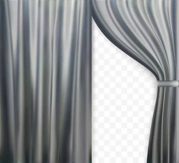Imagem naturalista de cortina, cortinas abertas Cor cinza no fundo transparente. Ilustração vetorial . — Vetor de Stock