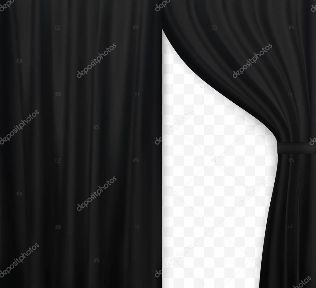 Naturalistic image of Curtain, open curtains Black color on transparent background. Vector Illustration.