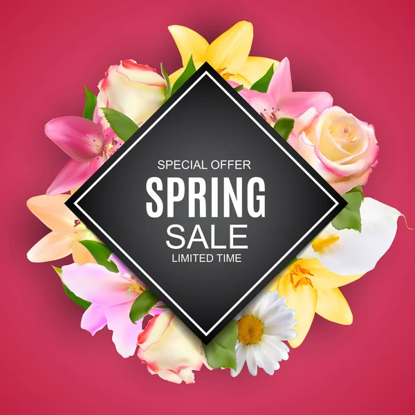 Frühjahrsverkauf niedlichen Hintergrund mit bunten Blumen-Elemente. Vektorillustration — Stockvektor
