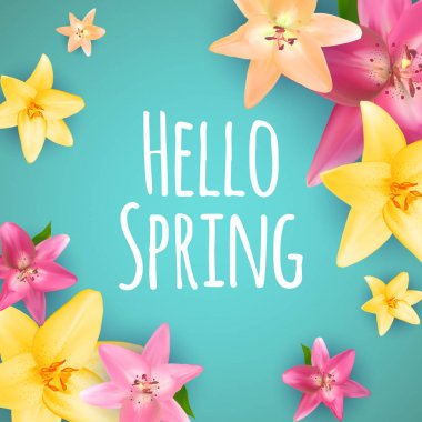 Merhaba bahar afiş selamlar tasarım arka plan renkli çiçek elemanları ile. Vektör çizim