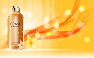 Tasarım kozmetik ürün ile çiçekler altın Liy şablon reklamları veya dergi arka plan için. 3D gerçekçi vektör Iillustration