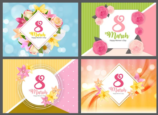 Cartel Internacional Feliz Día de la Mujer 8 Marzo Tarjeta de felicitación floral COllection Set Vector Illustration — Vector de stock