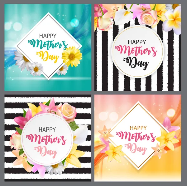 快乐的母亲节, 可爱的背景与花卉集卡。矢量插图 — 图库矢量图片