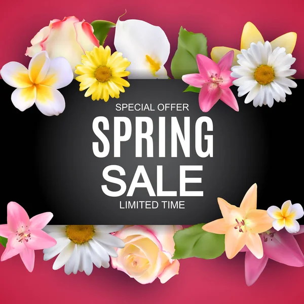 Spring Sale Cute Background with Colorful Flower Elements. Vector Illustration — Stock Vector