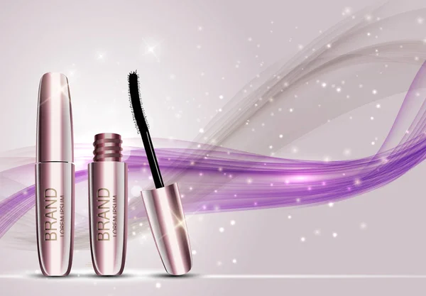 Modèle de produit cosmétique de maquillage de conception de mode pour les annonces ou le fond de magazine. Mascara Série produit Rapportv 3D réaliste vecteur illustration — Image vectorielle