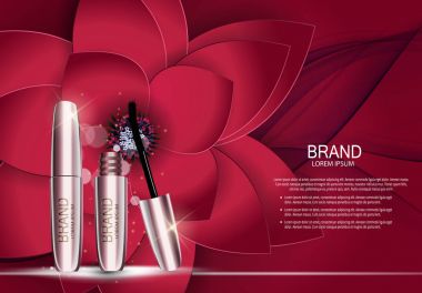 Moda tasarım makyaj kozmetik ürün şablonu reklamlar veya dergi arka plan için. Maskara ürün serisi Reportv 3d gerçekçi vektör Iillustration