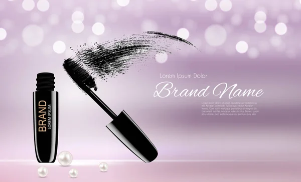 Fashion Design Makeup Cosmetics Modello di prodotto per annunci o sfondo rivista. Mascara Serie prodotto Reportv Illustrazione vettoriale realistica 3D — Vettoriale Stock