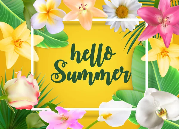 Hello Summer Natural Floral Background with Frame Vector Illustration — Stock Vector