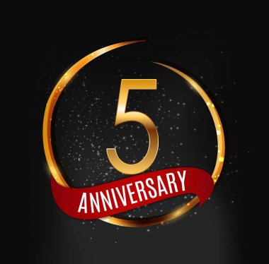 Şablon altın Logo 5 yıl yıldönümü kırmızı kurdele vektör çizim ile