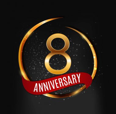 Şablon altın Logo 8 yıl yıldönümü kırmızı kurdele vektör çizim ile