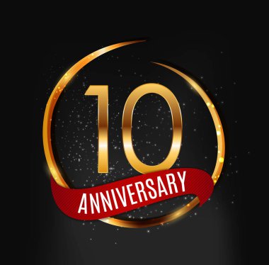 Template Gold Logo 10 Years Anniversary with Red Ribbon Vector Illustration clipart