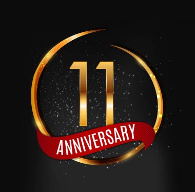 Şablon altın Logo 11 yıl yıldönümü kırmızı kurdele vektör çizim ile