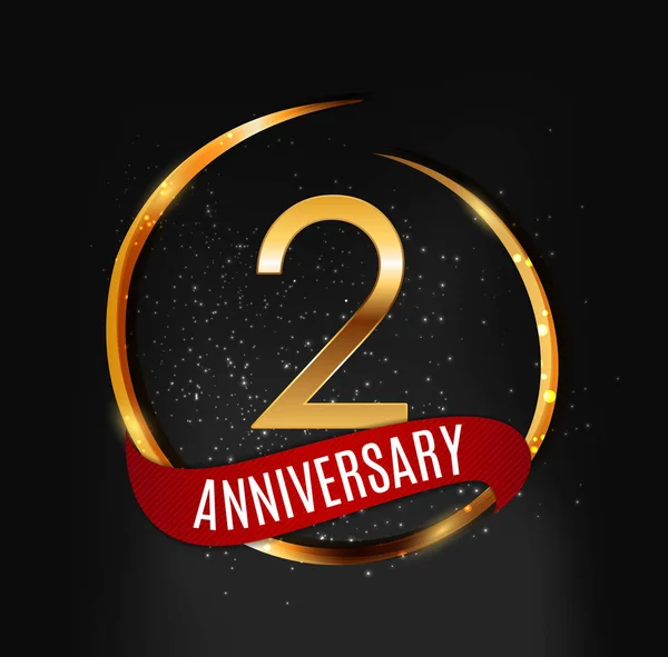 Sjabloon gouden Logo 2 jaar verjaardag met rood lint vectorillustratie — Stockvector