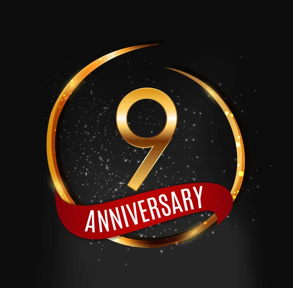 Sjabloon gouden Logo 9 jaar verjaardag met rood lint vectorillustratie — Stockvector