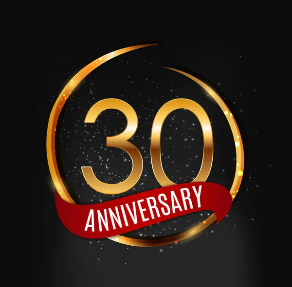 Modèle Logo d'or 30 ans anniversaire avec illustration vectorielle de ruban rouge — Image vectorielle